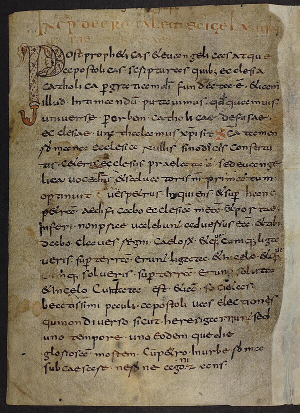 Decretum Gelasianum (MS 496) belgesinden bir sayfa